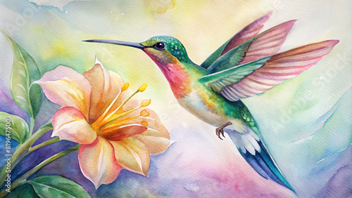 Close-up of a colorful hummingbird hovering near a blossoming flower, sipping nectar 