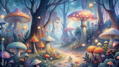 A whimsical illustration of a magical forest filled with towering mushrooms, sparkling fireflies, and friendly woodland creatures
