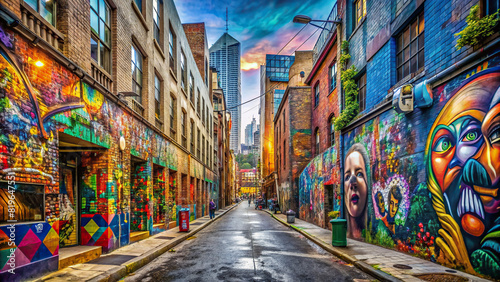 Panoramic view of a bustling city alley covered in vibrant street art, capturing the essence of urban life © rattinan