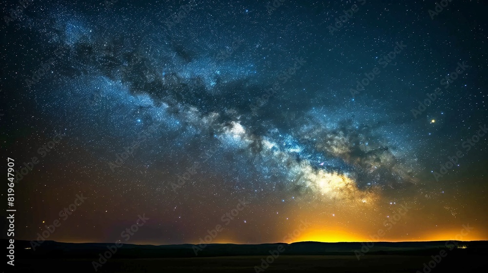 A starry night sky with the Milky Way stretching across the horizon, illuminating the landscape below with its soft glow. 32k, full ultra HD, high resolution