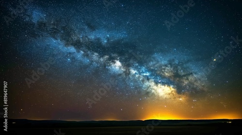 A starry night sky with the Milky Way stretching across the horizon, illuminating the landscape below with its soft glow. 32k, full ultra HD, high resolution