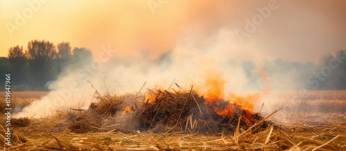 Blurred agricultural waste burning cause of smog and pollution Fumes produced by the incineration of hay and rice straw in agricultural fields. Copy space image. Place for adding text and design photo