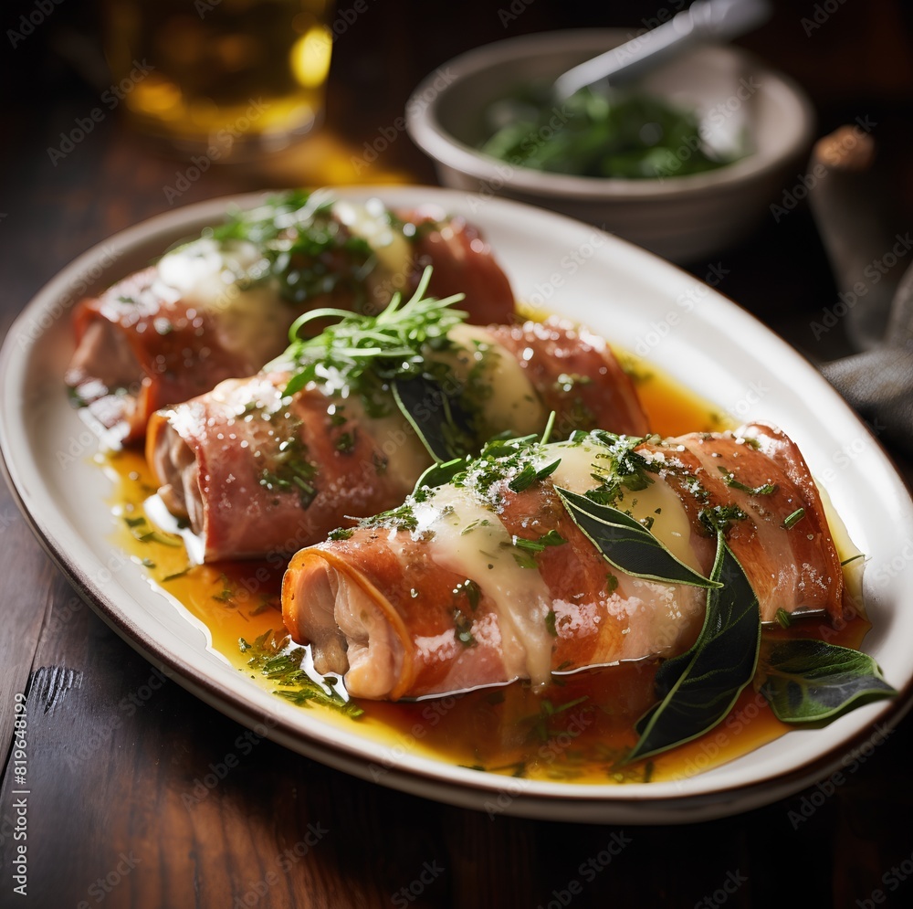 Italian Saltimbocca alla Romana in studio lighting and background, cinematic food photography Italian Saltimbocca alla Romana in studio lighting and background, cinematic food photography