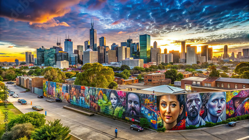 Panoramic view of a city skyline with a large graffiti mural as the focal point, adding a touch of urban artistry to the landscape 