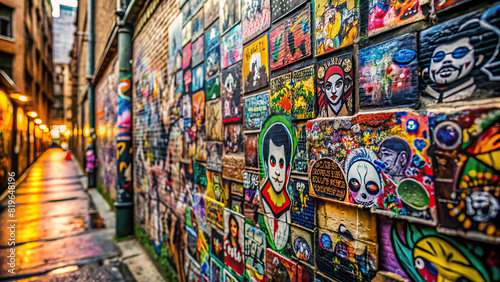 A close-up shot of graffiti tags and street art stickers plastered on a wall  illustrating the underground art scene