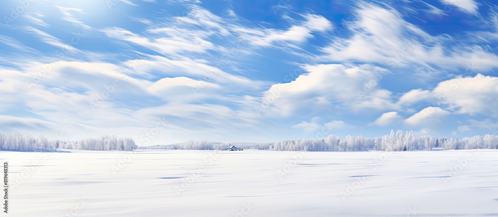 A serene winter scene with a clear blue sky and fluffy clouds creating a calm and bright ambiance ideal for a copy space image A serene winter scene with a clear blue sky and fluffy clouds creating a calm and bright ambiance ideal for a copy space image