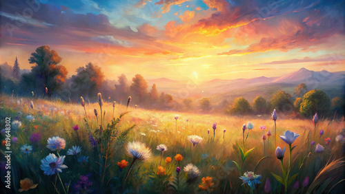 A serene meadow bathed in the warm glow of sunset, with wildflowers swaying gently in the breeze  photo