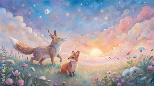 A whimsical illustration of a fox and rabbit frolicking together in a field of wildflowers, under a pastel-colored sky filled with fluffy clouds photo