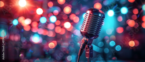 Announcer on stage with microphone, audio award event, bright lights, high resolution, photorealistic, detailed 8K , high-resolution, ultra HD,up32K HD photo