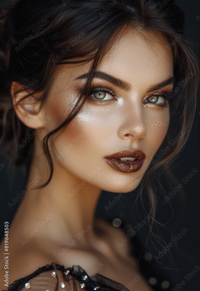 A stunning brunette with flawless evening makeup looks directly at the camera with a kind, tender expression, radiating beauty and sophistication. A stunning brunette with flawless evening makeup looks directly at the camera with a kind, tender expression, radiating beauty and sophistication.