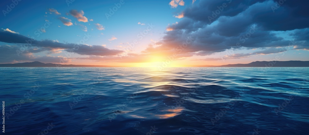 Sunset light illuminates the surface of the deep blue sea with a captivating view that offers a peaceful and tranquil setting for a copy space image