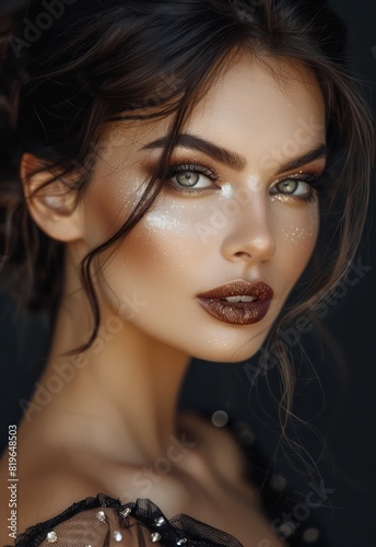 A stunning brunette with flawless evening makeup looks directly at the camera with a kind  tender expression  radiating beauty and sophistication. 