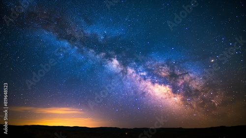 A starry night sky with the Milky Way stretching across the horizon, illuminating the landscape below with its soft glow. 32k, full ultra HD, high resolution