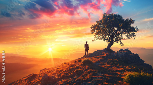 man standing on hill at sunset. A lone man stands on a hilltop  silhouetted against the vibrant colors of a sunset  with a solitary tree nearby  creating a dramatic and inspiring scene..