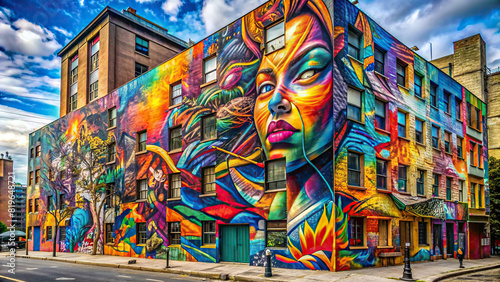 An abstract graffiti mural covering an entire building facade  creating a mesmerizing display of urban artistry and expression