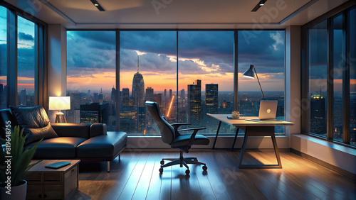 A stylish home office with a sleek desk, ergonomic chair, and floor-to-ceiling windows offering panoramic city views.