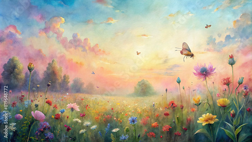A serene meadow stretches out beneath a pastel sky, dotted with vibrant wildflowers and buzzing with the gentle hum of bees photo