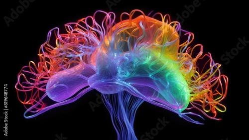 3D brain model with vibrant neon colors. Abstract image or digital artwork of human brain with multicolored or rainbow neon color glow in dark background. Neuroscience and creativity concept. AIG35.