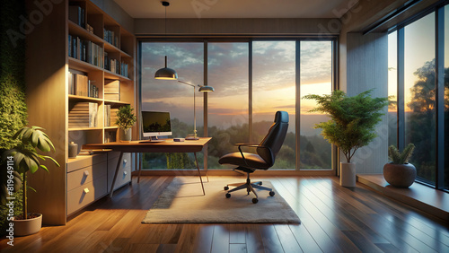 A stylish home office space with a minimalist desk, ergonomic chair, and floor-to-ceiling windows providing ample natural light.