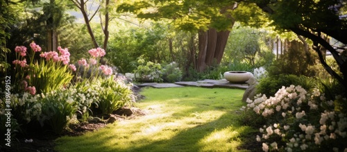 Springtime scene of a neglected garden with lush untamed vegetation perfect for a copy space image