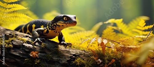 Close up of a rare fire salamander lizard in a lush summer forest setting with a background suitable for copy space image