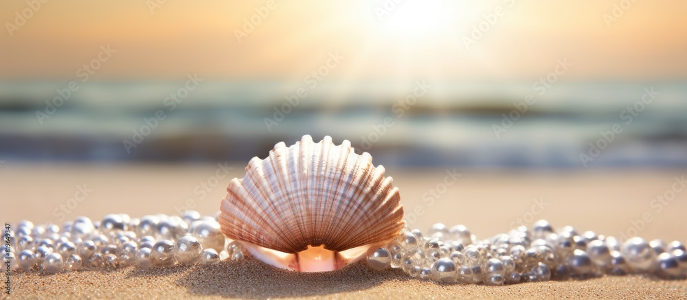 A seashell with valuable pearls resting on the sandy shore with copy space image A seashell with valuable pearls resting on the sandy shore with copy space image