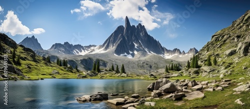 Mountain lakes panorama with a tower perched on a rock creating a captivating copy space image