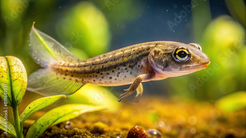 A tiny tadpole swimming in a pond, its developing features visible in macro