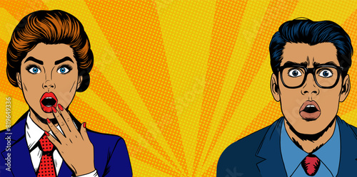 Wow faces. Handsome surprised man in glasses and sexy surprised woman with open mouths. Vector cartoon background in retro pop art comic style. Banner template for advertising, web, social media, sale