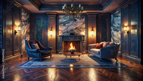 A sophisticated lounge area with a marble fireplace and rich hardwood floors  evoking an ambiance of timeless elegance.