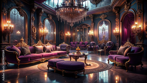 An opulent lounge space adorned with crystal chandeliers, velvet armchairs, and ornate mirrors, evoking a sense of grandeur. photo