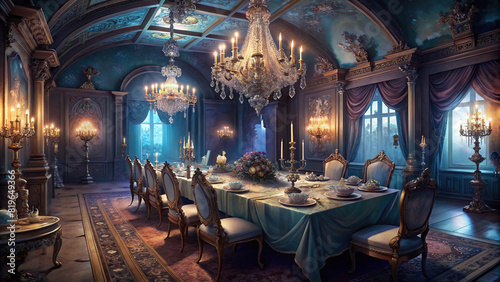 An opulent dining room adorned with a crystal chandelier and ornate tapestries, setting the stage for unforgettable dinner parties. © wasana