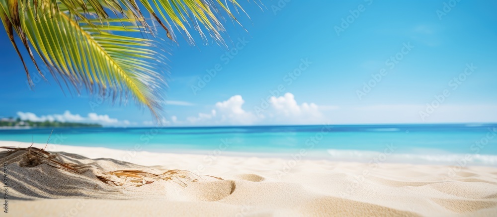 In summer capture a crisp image of a serene tropical beach with white sand bathed in sunlight against a backdrop of a blue sky and bokeh The image offers ample copy space