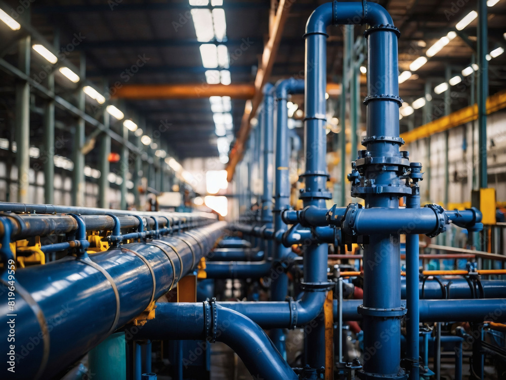 Liquid Flow, Close-Up Shot Showing Pipeline and Pipe Rack in an Industrial Plant. Liquid Flow, Close-Up Shot Showing Pipeline and Pipe Rack in an Industrial Plant.