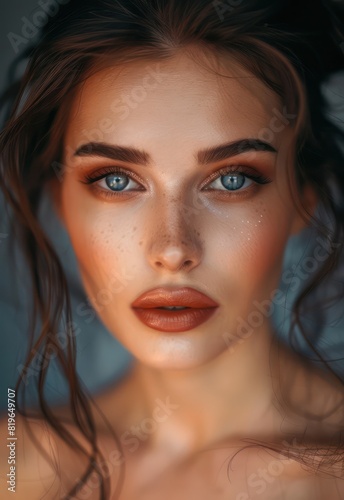 A vision of beauty and refinement, a young brunette with exquisite evening makeup gazes softly at the camera with a kind, tender expression, captivating viewers with her allure. © sambath