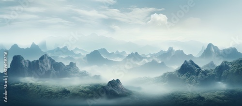 Misty mountains with a serene backdrop for solitary souls offering a soothing view ideal for a copy space image photo