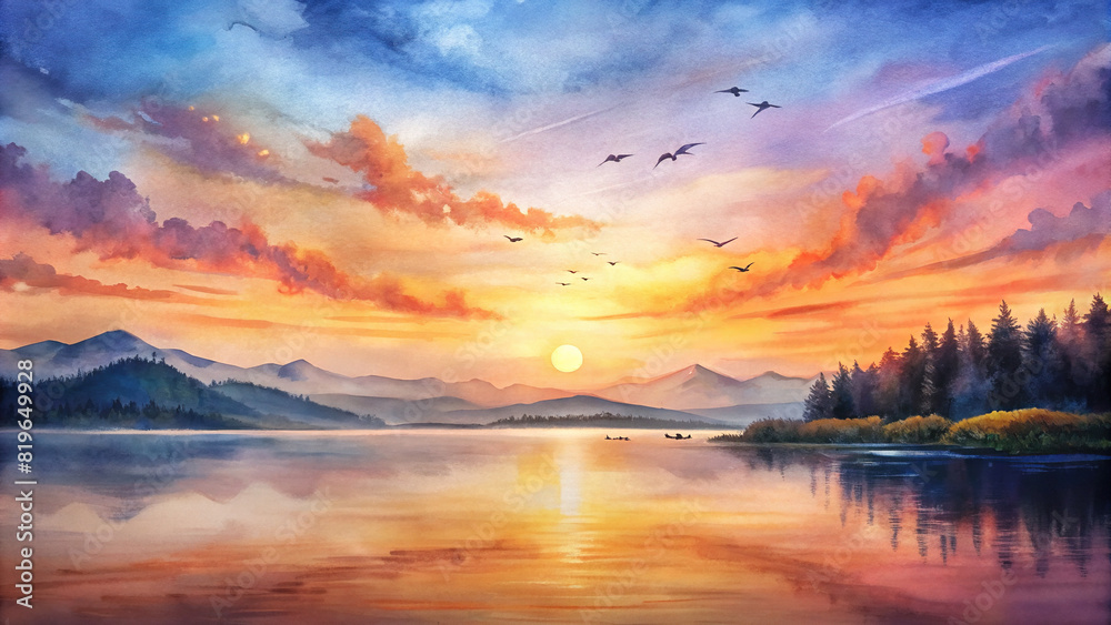 A breathtaking sunset casting a golden glow over a peaceful lake, with silhouettes of birds soaring overhead and the distant mountains painted in hues of orange and pink