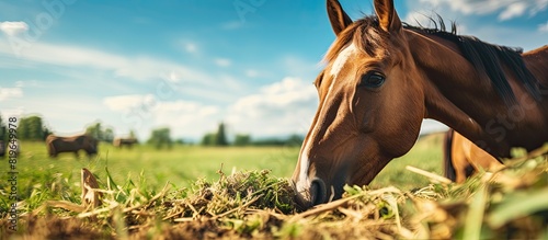 Close up image of a horse eating on a sunny summer day at a horse ranch with a background of open fields perfect for copy space image