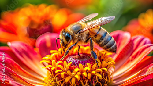 Close-up of a bee collecting pollen from a vibrant flower, clear background © prasit