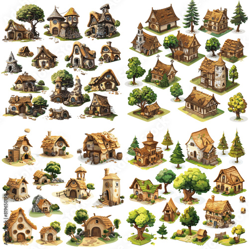 Rustic medieval village houses with thatched roofs, timber framing, fairytale-inspired cottages, stone-built homes, lush greenery, and charming countryside landscapes.