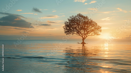 lone tree in water at sunset. A solitary tree stands in water at sunset, creating a stunning reflection and a tranquil, scenic view..