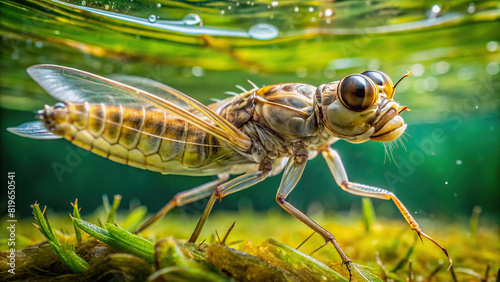 Close-up of a dragonfly nymph underwater, with its transparent body and gills visible