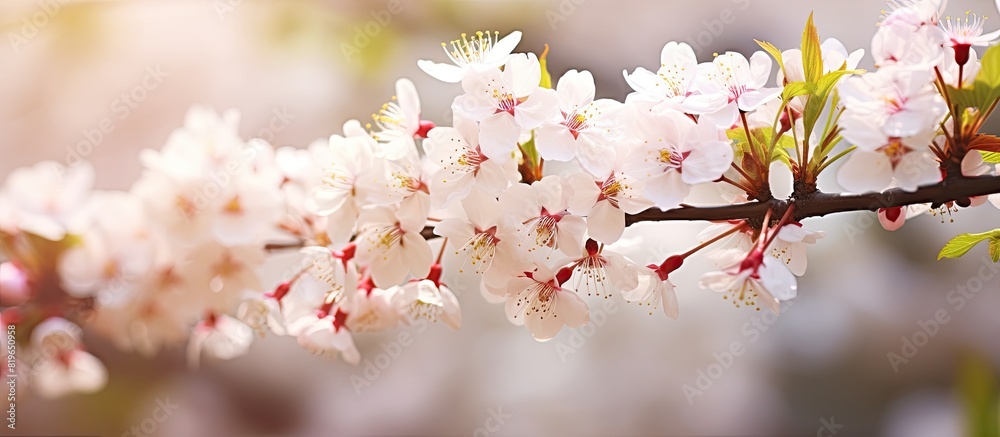 High quality photo featuring blooming white and pink spring flowers on a tree with selective focus suitable for naturalistic floral background on a postcard with copy space image High quality photo featuring blooming white and pink spring flowers on a tree with selective focus suitable for naturalistic floral background on a postcard with copy space image