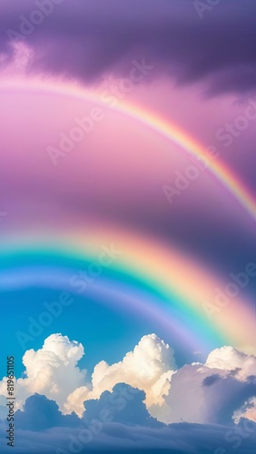 The bright rainbow on the beautiful blue sky and pink purple violet cloudscape background. Clouds vertical shot