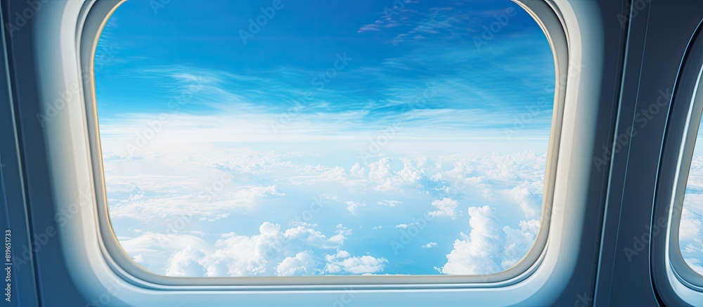 In flight view showing white clouds floating in a blue sky through the plane window with copy space image