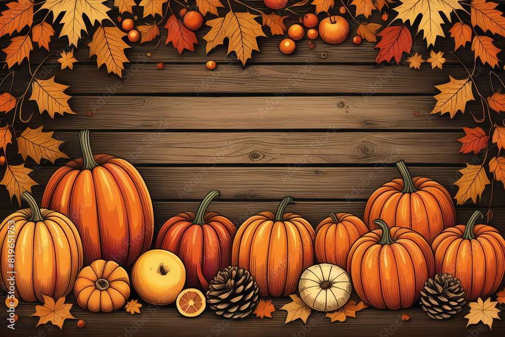 Thanksgiving vector: Apples, pumpkins, fallen leaves on wood. Room for text. Halloween, Thanksgiving, or seasonal backdrop.