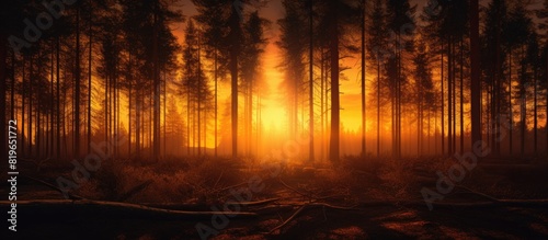 Sunset in the forest with vibrant orange light filtering through the trees creating a serene ambiance in a picturesque natural setting Great as a copy space image