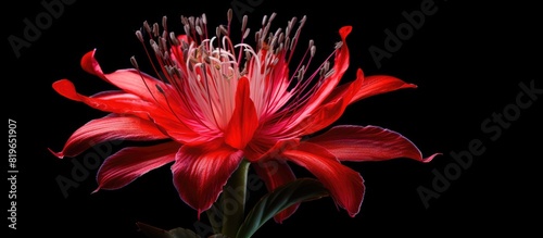 An enigmatic image showcasing a vibrant red Freycinetia Cumingiana flower on a dark backdrop with ample copy space surrounding the flower photo
