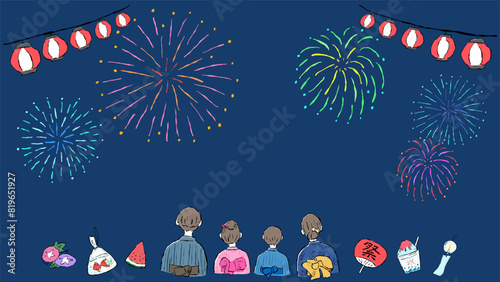 Summer festival, fireworks and yukata family background frame, simple hand drawn illustration / 夏祭り、花火と浴衣の家族の背景フレーム、シンプルな手描きイラスト