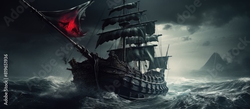 A pirate ship sailing under a black flag on a stormy day at sea with copy space image photo